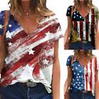 Women American Flag Print V Neck Tops Tee Shirt Casual Short Sleeve Loose Blouse