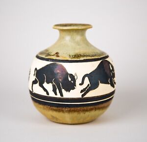 Vintage Studio Pottery Native American Style Carved Buffalo Vase Signed
