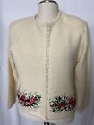 Vtg Susan Bristol Womens Cardigan Size Lg Ivory Wool Sweater Roses Embroidered