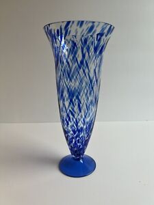 Blue Swirl Glass Vase Speckled Trumpet Elegant Flowers Vintage 10