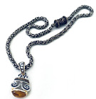 Vintage Amber Silver & Gold Tone Necklace Pendant and Rope Chain