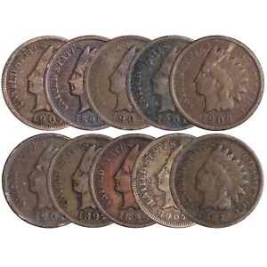 (10 PC. LOT) Indian Head Cent Pennies AVERAGE CIRCULATED