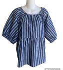 Old Navy Striped Empire Waist Top Blouse Chambray White Puff Sleeve XL New