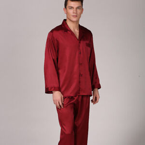 Men's Ice Silk Satin Pajamas Set Long Sleeves Silk Sleepwear