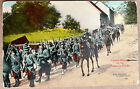 WWI French Infantry Marching through Village on Horses Military Antique Postcard
