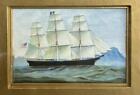 Antique Oil Painting Seascape THREE MASTED CLIPPER AT FULL SAIL c1890