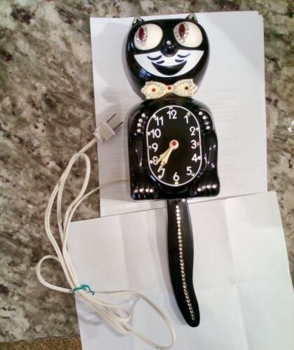 Vintage 1980s Electric Black Jeweled Kit Cat Klock - Everything Works