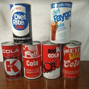 Lot 119 6 vintage steel pull top 12 oz soda pop cans elf faygo diet rite big k