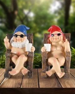 Funny Gnomes in Rocking Chair - 2 Pack Resin Middle Finger Decor Collectible