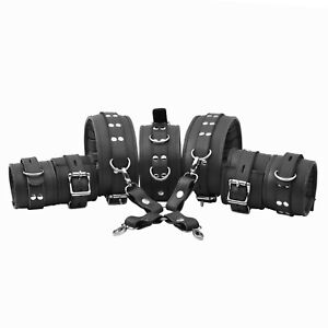 Real Cow Leather Wrist, Ankle, Thigh Cuffs ,Collar Restraint Bondage Set 7 Piece