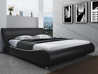 Leather Low Profile Sleigh Platform Bed Frame with Headboard, Glossy Black