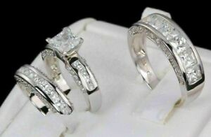 14K White Gold Plated 2Ct Lab Created Diamond His/Her Wedding Band Set Trio Ring