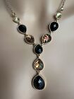 Gold-tone Chain with Leopard Black Clear Teardrop Cabochon Faceted Necklace 18