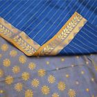 Vintage Saree Blue & Saffron Pure Silk Hand Woven Indian Sari Fabric 5Yd Ethnic