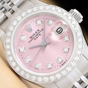 LADIES ROLEX DATE PINK DIAMOND DIAL 18K WHITE GOLD & STAINLESS STEEL WATCH