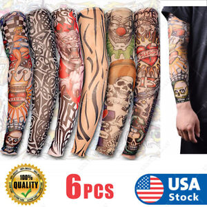 6Pcs Unisex Mens Women Nylon Temporary Fake Full Arm Tattoo Sleeves Stockings