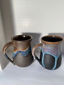 New Artist Made Pottery Drip Glaze 2 Mug pear shape Brown  Blue Signed Jann A489