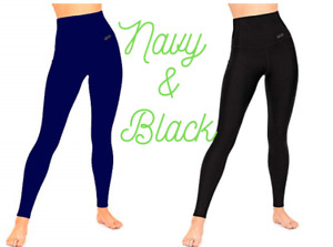 Womens GO2 Compression Leggings Black or Navy Tummy Control High Waist Pockets
