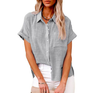 Womens Cotton Linen Casual Blouse Button T Shirt Short Sleeve Tops Tunic Loose