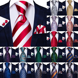 USA Mens ALL Silk Tie Striped Solid Paisley Necktie Hanky Cufflink Set Wedding