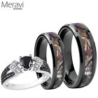 🔥 Black Titanium Camo Band 925 Sterling Silver CZ Wedding Ring Set [His & Her]