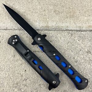 Matte Black & Blue Stainless Steel Spring Assisted Stiletto Knife w ABS Scales