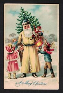 0203 Antique Vintage Christmas Postcard Santa Claus Tan Robe White Snow Children