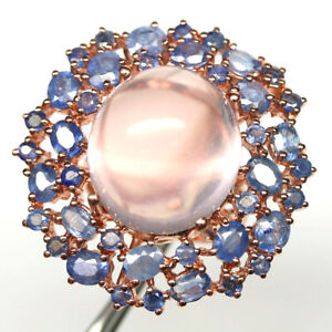 Unheated Rose Quartz & Blue Sapphire Ring 925 Sterling Silver Size 8.25