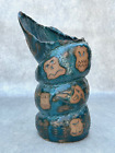 ANGIE CROTTY POTTERY EXOTIC CERAMIC STUDIO VASE ABSTRACT GROTESQUE FACES TEAL
