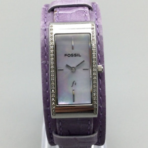 Fossil F2 Watch Women 17mm Silver Tone Purple MOP Dial Leather Band New Battery