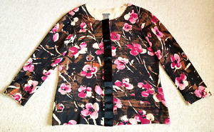 Womens Sweater-ANN TAYLOR-brown/pink floral silk/cashmere cardigan 3/4 slv-M