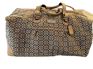 Coach Signature Jacquard Brown Leather Trim Large Overnight Bag