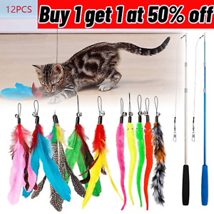 12Pcs Kitten Toy Cat Feather Bell Wand Teaser Rod Interactive Play Pet Toys Gift