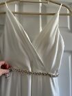 Simple Satin A-Line Wedding Dress, Gold Crystal Belt, Size Medium/Size 8