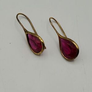 925 Silver Gold Plated Red Glass Dangle/Drop Earrings