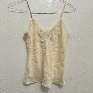 Silkscreen 100% Silk Y2K Cami Tank Top Sheer Lace Detail Ivory Size S Coquette