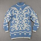 Vintage Sweater Women Sz L Chunky Blue White Turtleneck Cotton Blend Long 90's