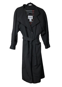 VTG Gallery Womens Long Trench Coat Black Double Breasted Removable Lining Sz 8