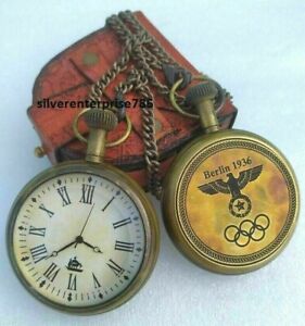 Vintage Brass Pocket Watch Antique Berlin 1936 with Leather Box Gift Marine