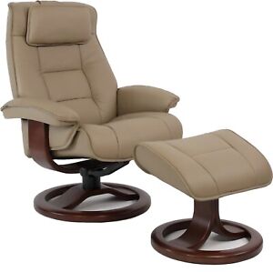 Fjords Mustang Small Recliner Comfort Chair Stone Leather Espresso Wood Stain