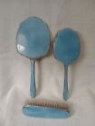 Art Deco Silver Plated Blue Guilloche Enamel Mirror And Brushes Set
