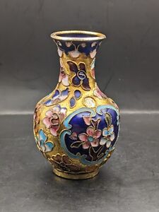 Chinese Vintage Mini Cloisonne Vase Bronze Brass Copper Enamel  Flowers