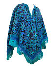 Vintage Tapestry Poncho One Size Reversible Woven Blue & Black Jacket Sweater OS