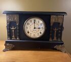 Antique Black Sessions Mantle Clock 4 Pillars & Brass Accents