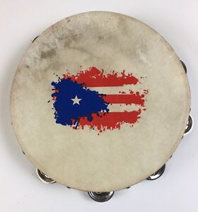 Tambourine/Pandereta-10” Goat Skin With Puerto Rico Flag, Single Row Of Jingles,