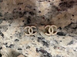 Authentic Gold Rhinestone Chanel CC Stud Earrings Clip onGood condition W/Box