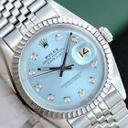 ROLEX MENS DATEJUST STAINLESS STEEL BLUE DIAMOND DIAL ENGINE TURNED 36MM WATCH