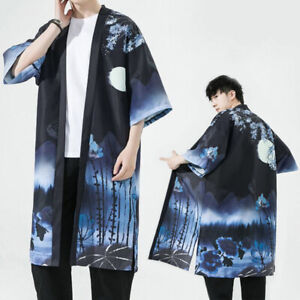 Mens Ethnic Japanese Long Bathrobe Kimono Open Front Casual Cardigan Coat Retro
