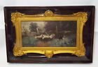 Old SMALL Antique DOG HERDING SHEEP Farm WATERCOLOR PAINTING Double Framed
