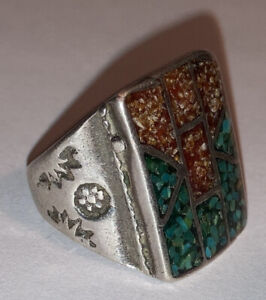 Vintage Navajo Old Pawn Sterling Silver Mens Ring Size 9.25 Inlay Turquoise